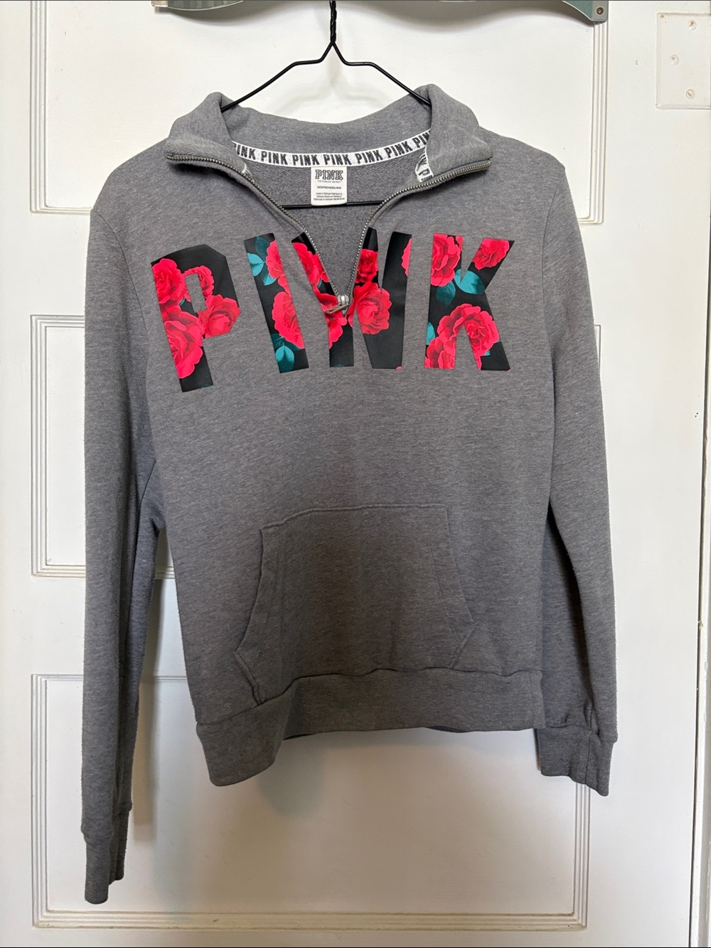 PINK Victoria's Secret Gray Quarter-Zip Sweatshirt with Pink Floral Logo Size XS